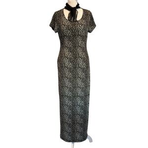 Divine Maxi Dress Size M Black Gray Leopard Print Short Sleeve Tie Neck Detail